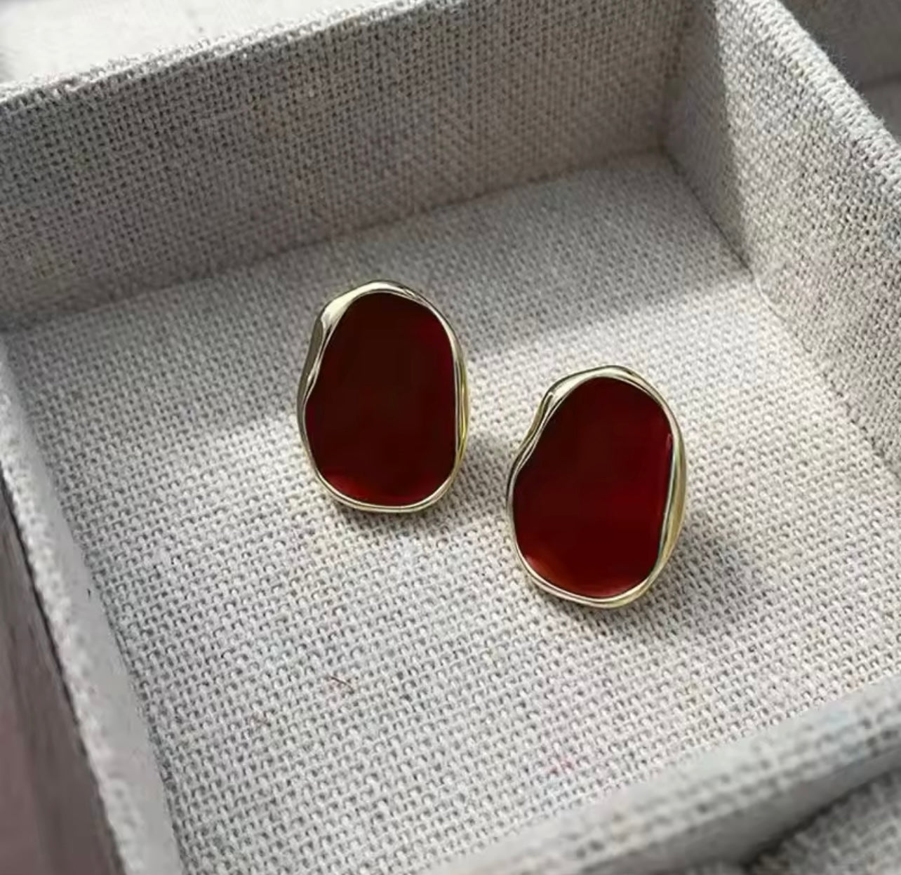 Red & Gold Geometric Bean Stud Earrings
