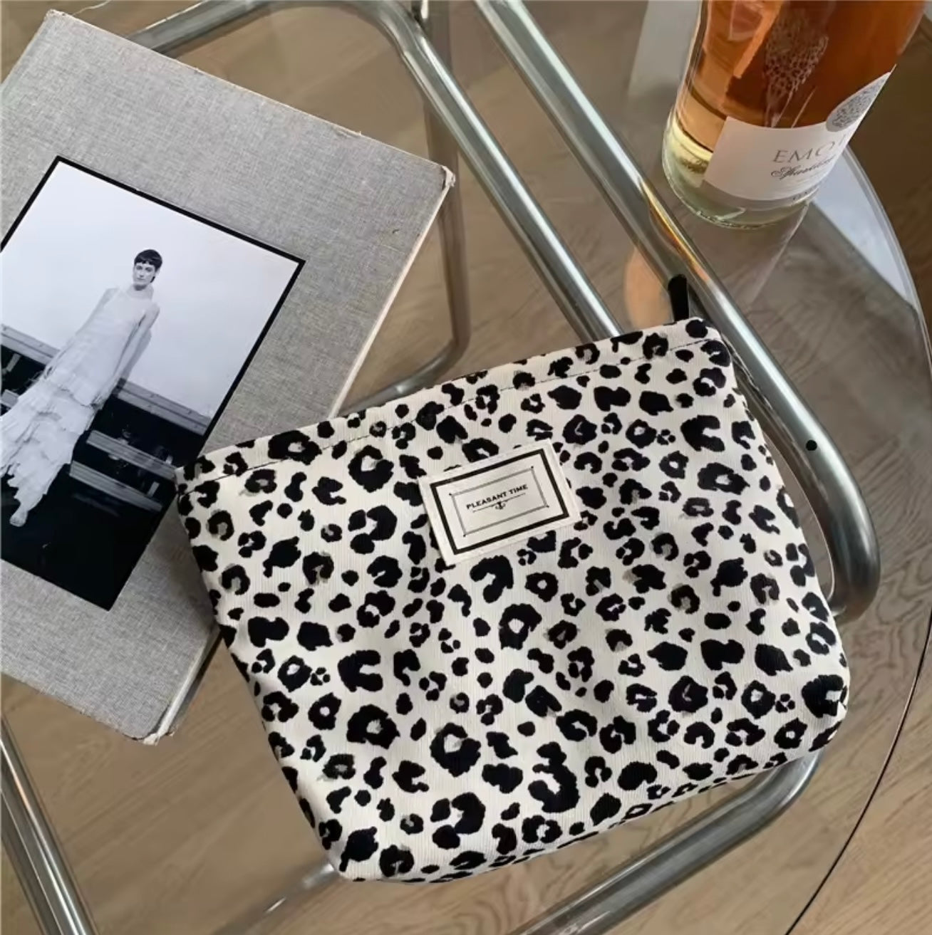 Cosmetic Makeup Pouch Black & White Leopard Print