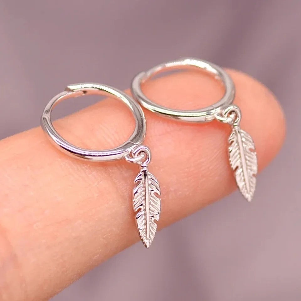Feather Hoop Earrings in Silver
