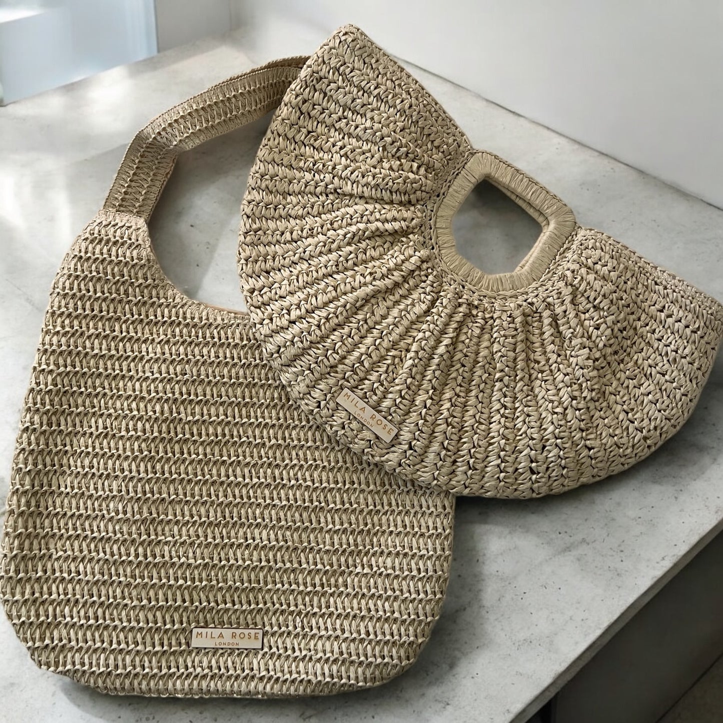 Elegant Large Capacity Summer Straw Shoulder Bag in sand with Zipped Compartment by Mila Rose London