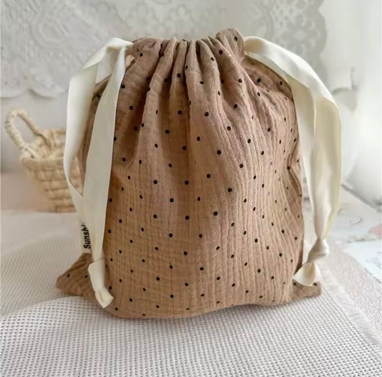 Cosmetic Drawstring Pouch Brown Pokka Dot