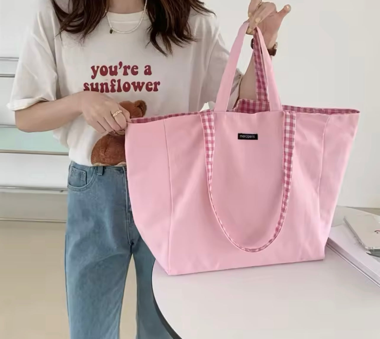 Black & White Gingham Switch Reversible Tote Bag