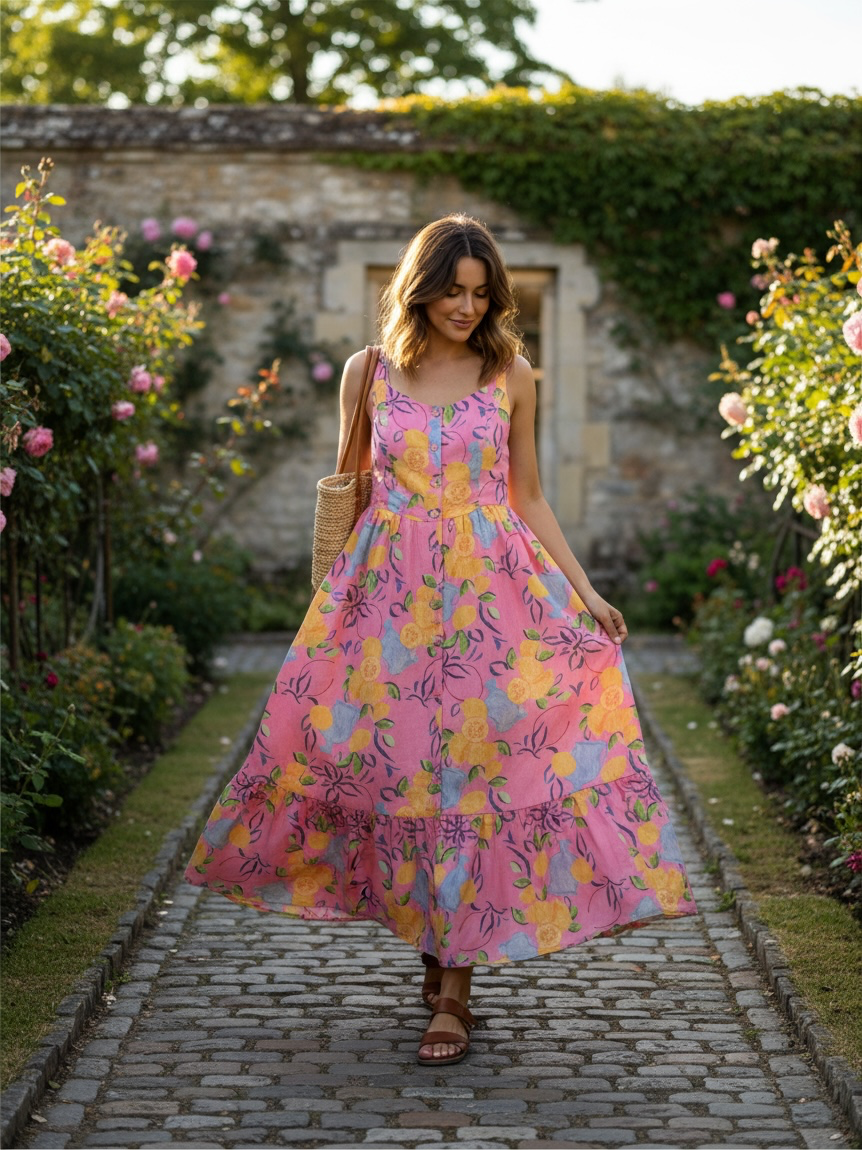 Pink Lemon Print Button-Front Tiered Midi Dress