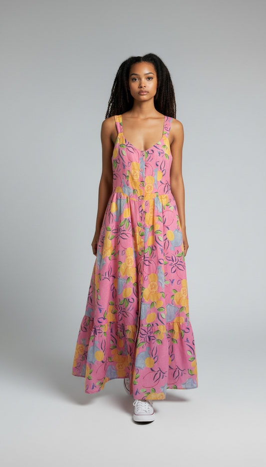 Pink Lemon Print Button-Front Tiered Midi Dress