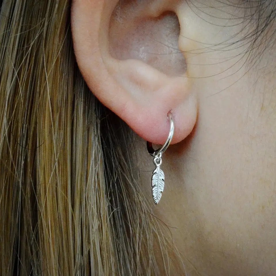 Feather Hoop Earrings in Silver