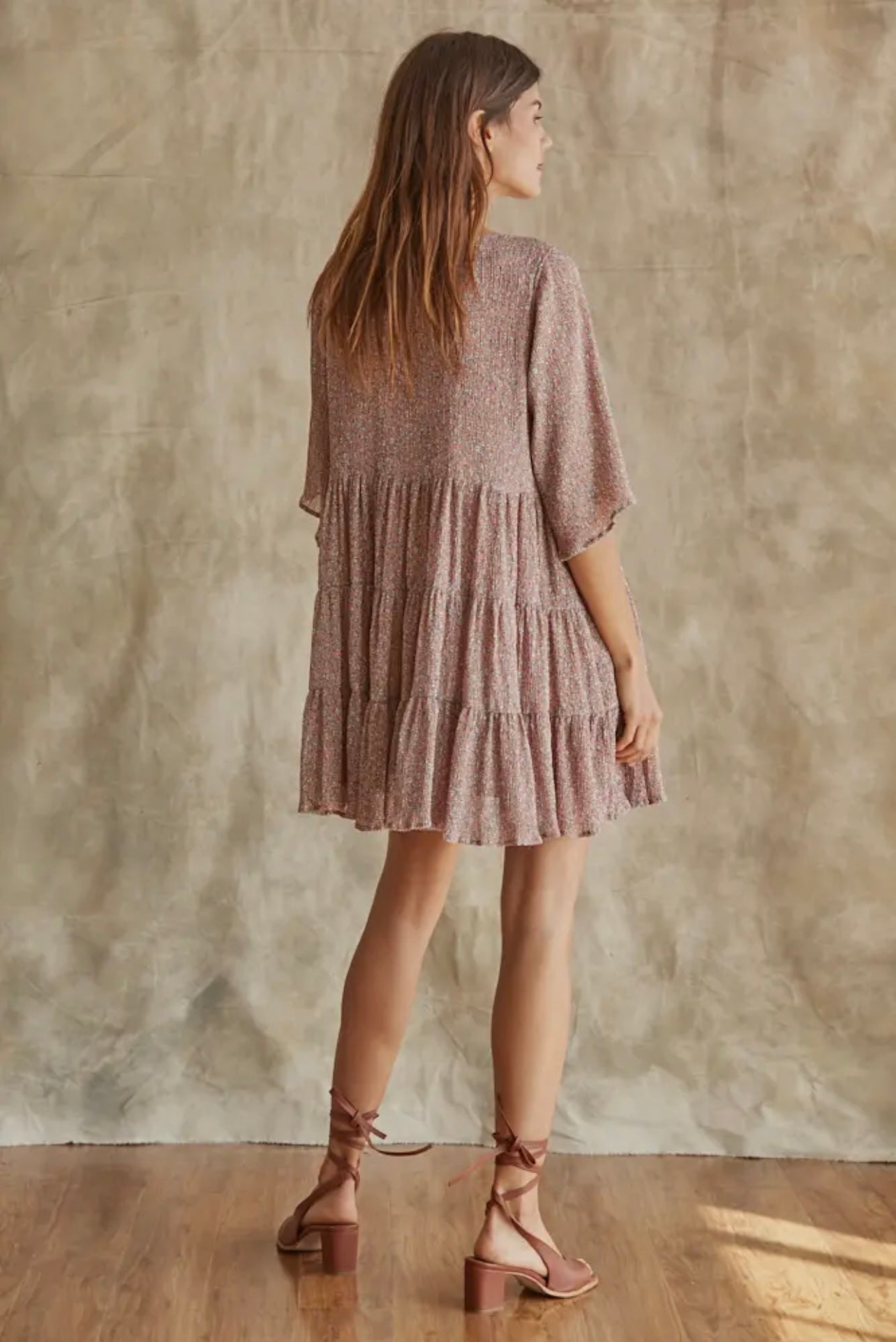 Floral woven tiered short sleeved dress