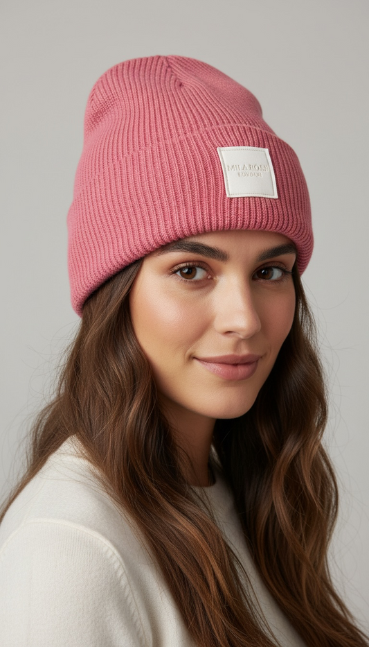 Mila Rose London Signature Patch Ribbed Knit Beanie – Rose Pink