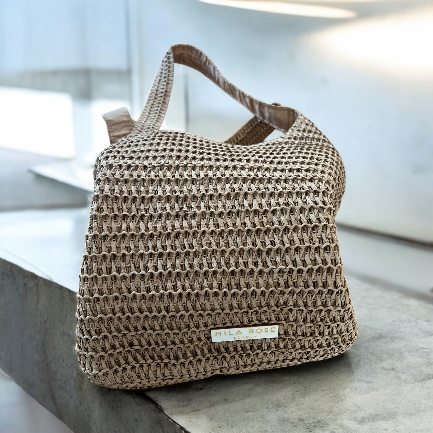 Elegant Large Capacity Summer Straw Shoulder Bag in sand with Zipped Compartment by Mila Rose London