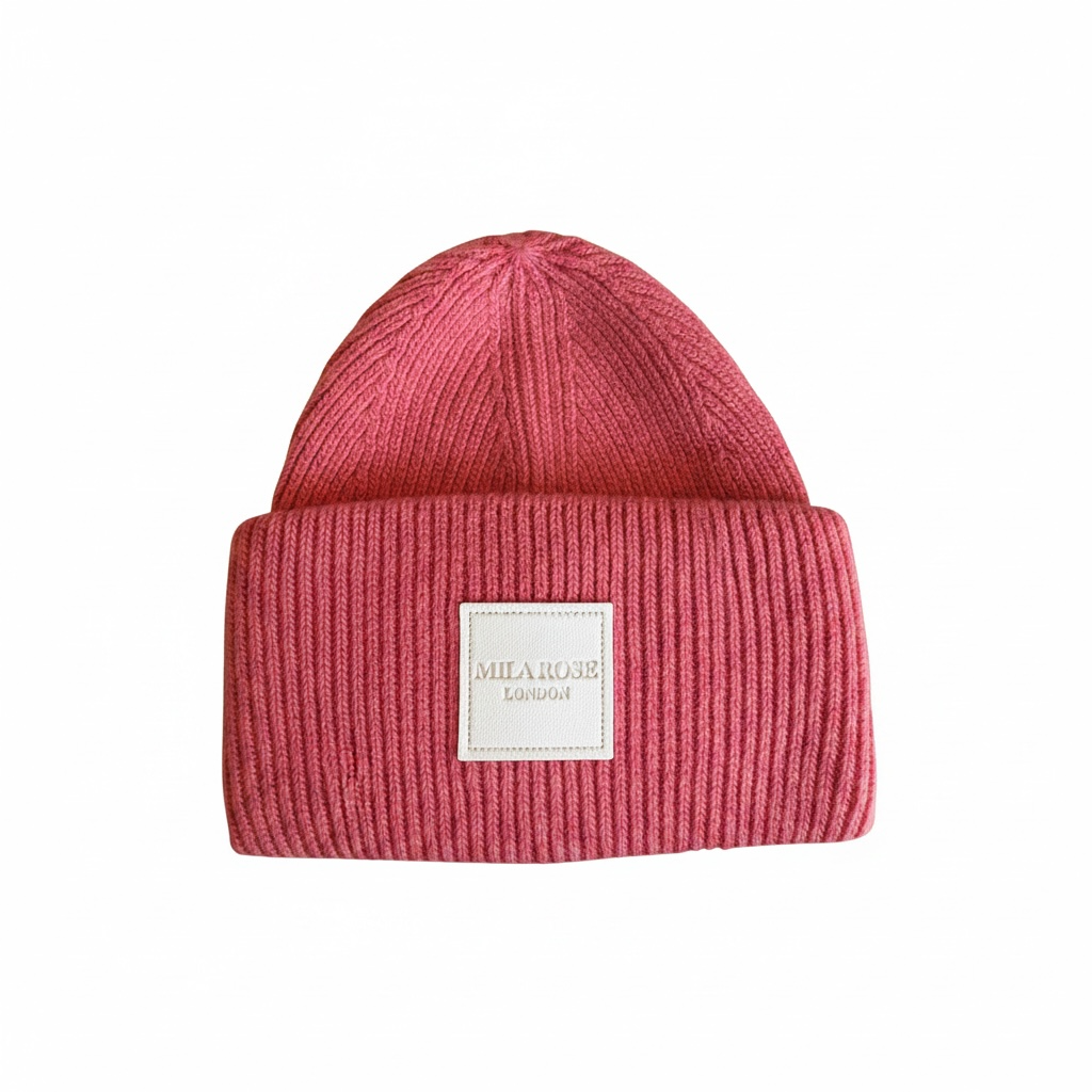 Mila Rose London Signature Patch Ribbed Knit Beanie – Rose Pink