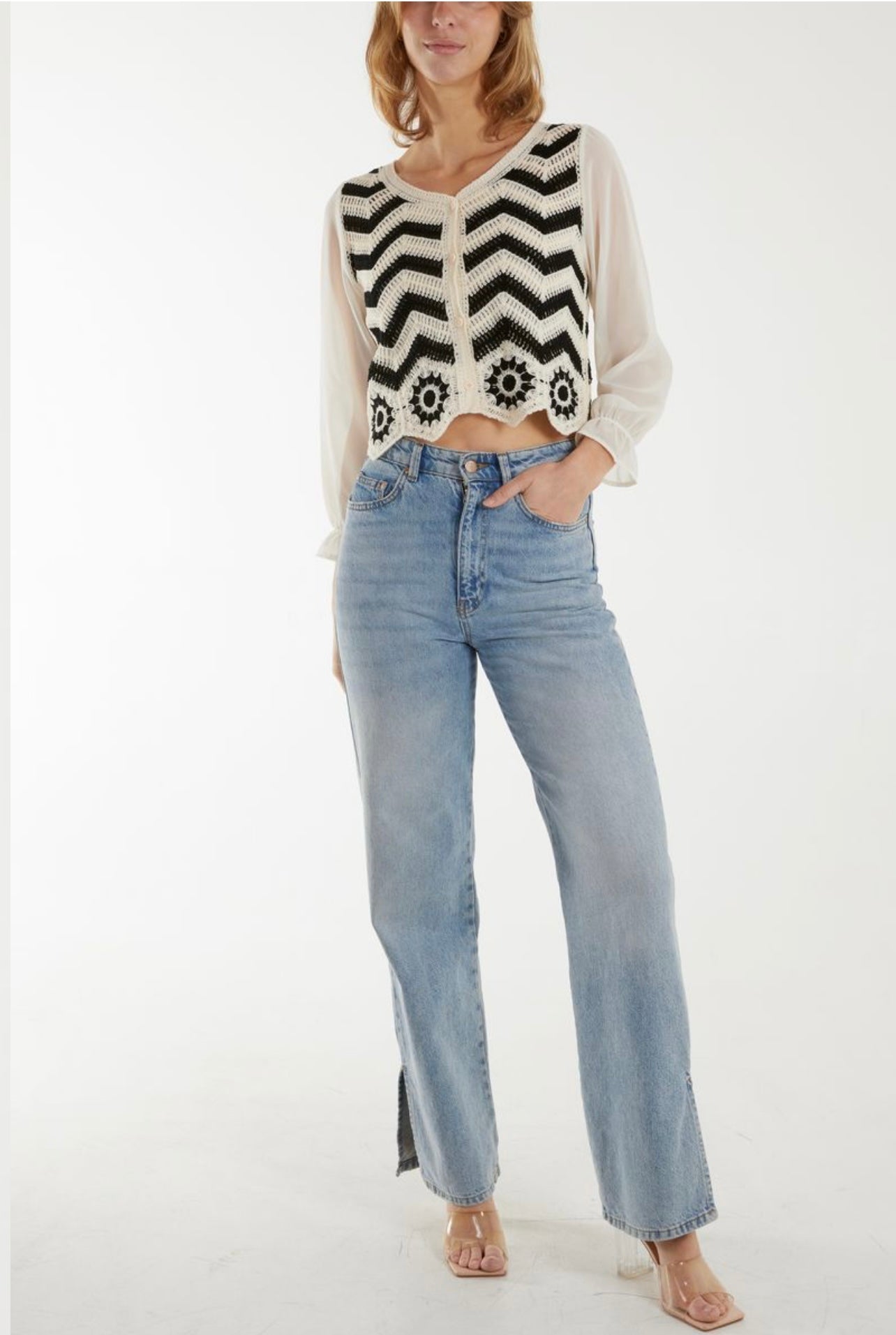Boho Buttoned Crop Top Shirt in Cream & Black
