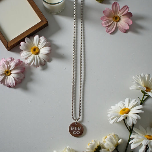 Mila Rose London Silver & Gold "MUM INFINITY" Disc Pendant Necklace with Luxury Gift Box and Card