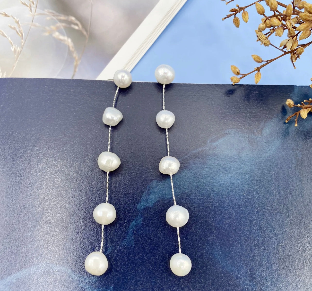 Five Pearl Drop Earrings in Silver