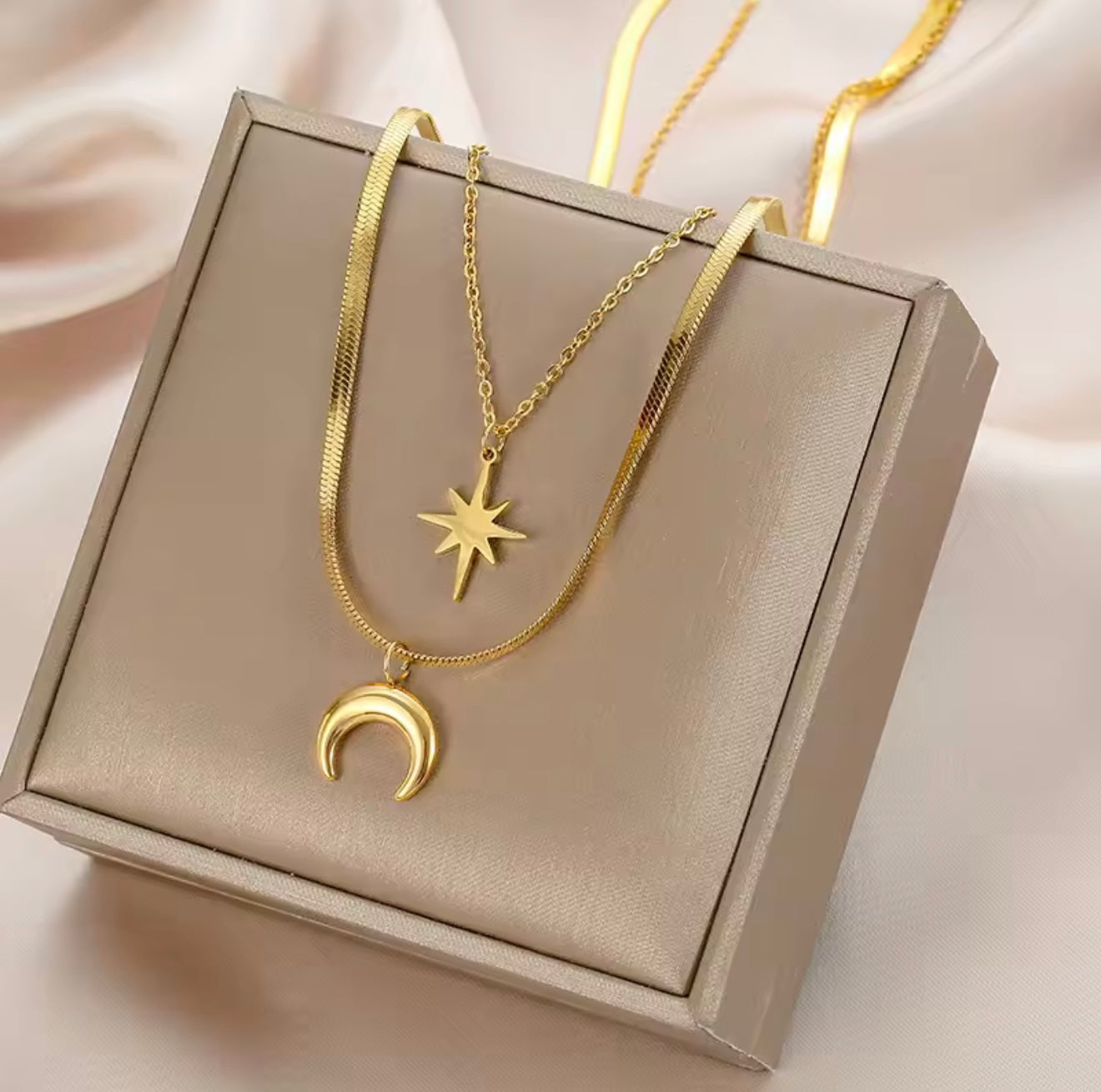 Gold Double Layer Star Moon Pendant Necklace