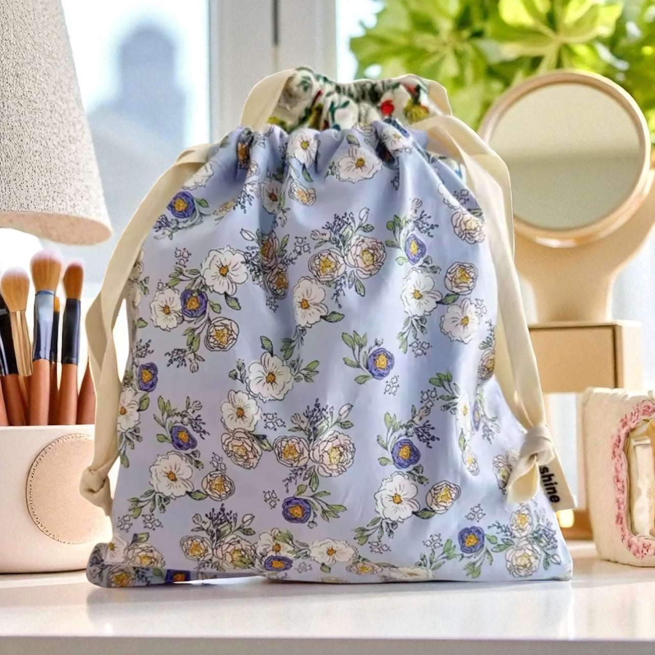 Cosmetic Drawstring Pouch Blue Floral