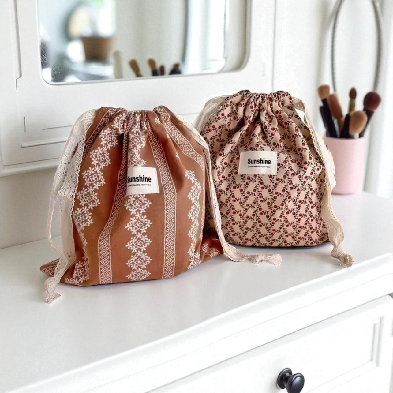 Cosmetic Drawstring Pouch Brown Boho Bundle Set