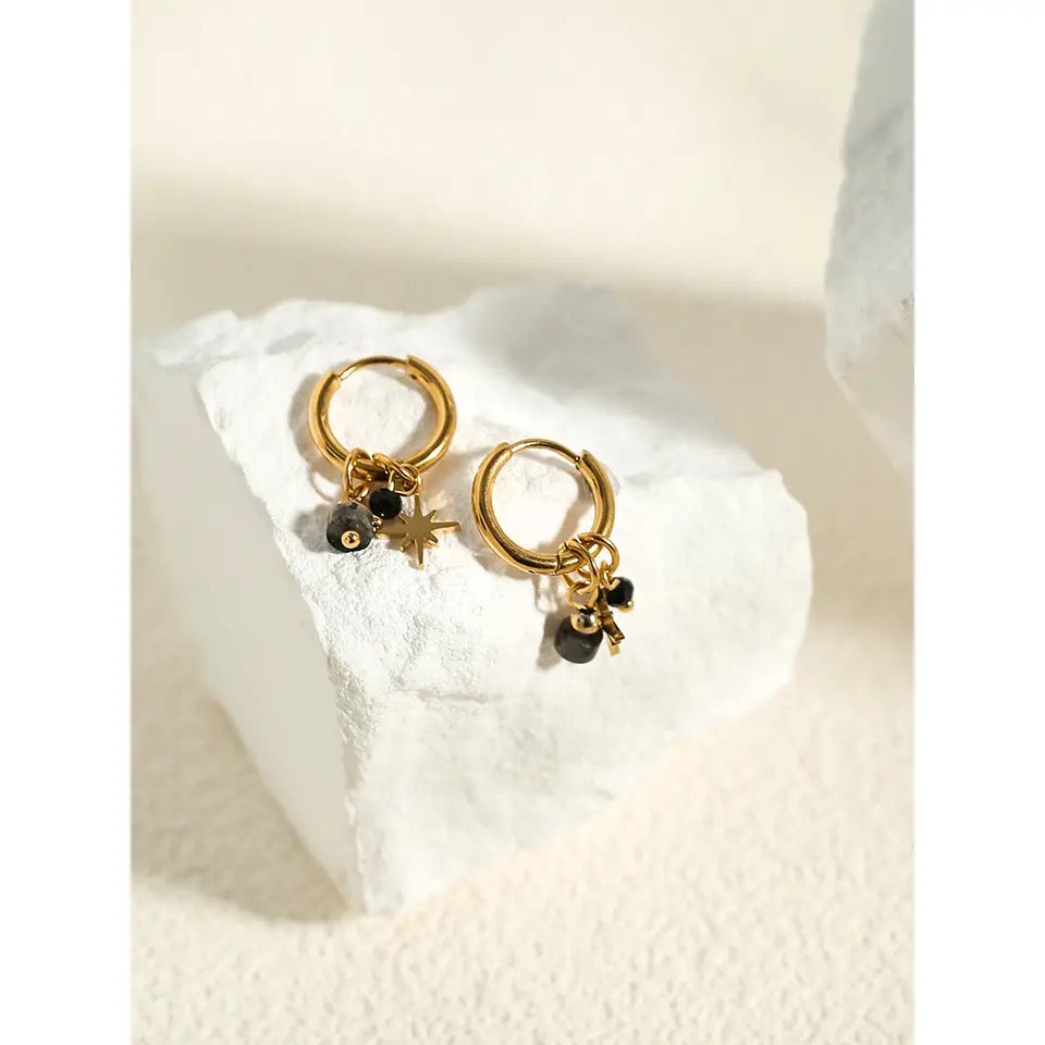 Earrings Hoop Earrings with Vintage Black Natural Stone Charms