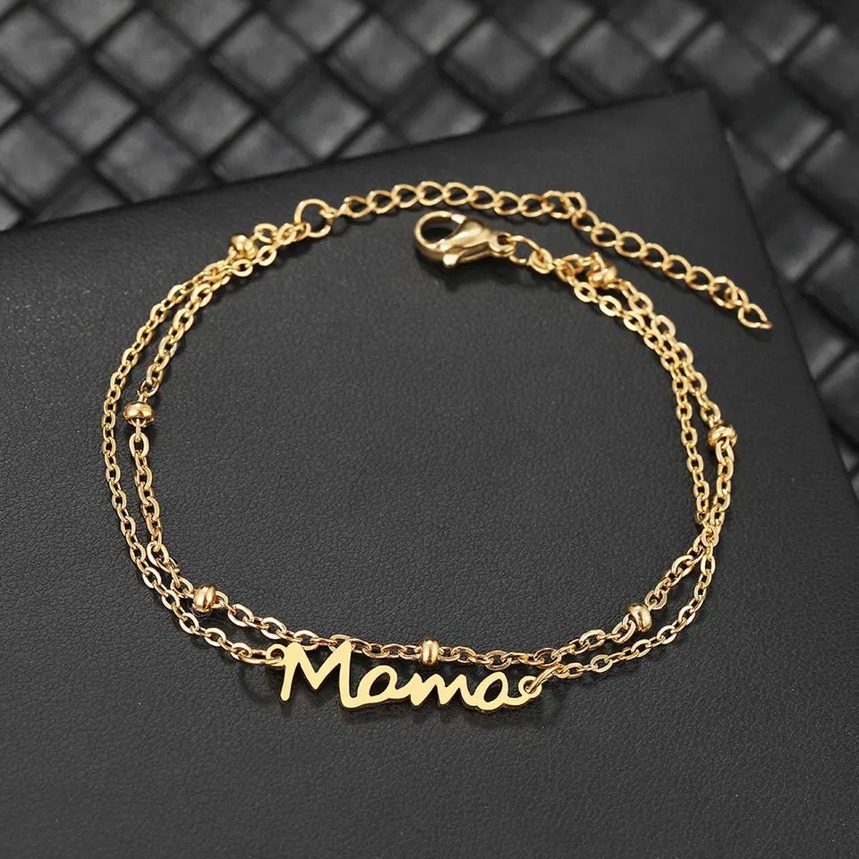 Mama with Double Layered Designed Bracelet in Gold