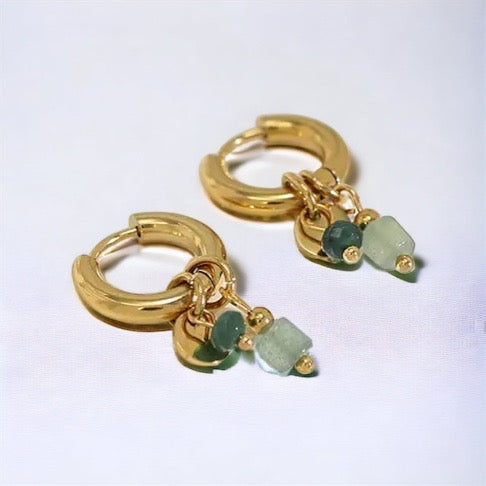 Earrings Gold Hoops with Vintage Green Natural Stone Charms