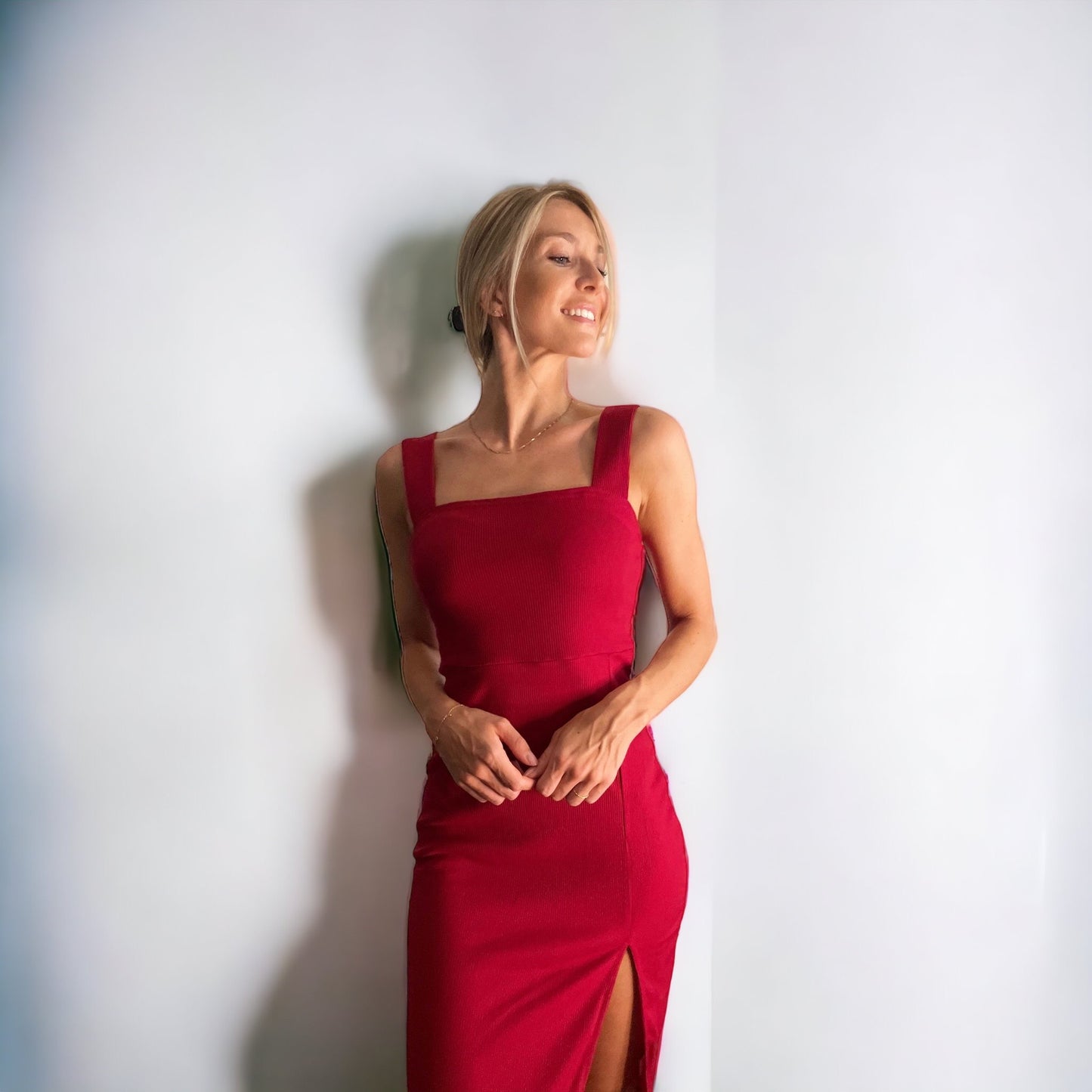 Little Red Midi Dress with thigh high split & waist detail