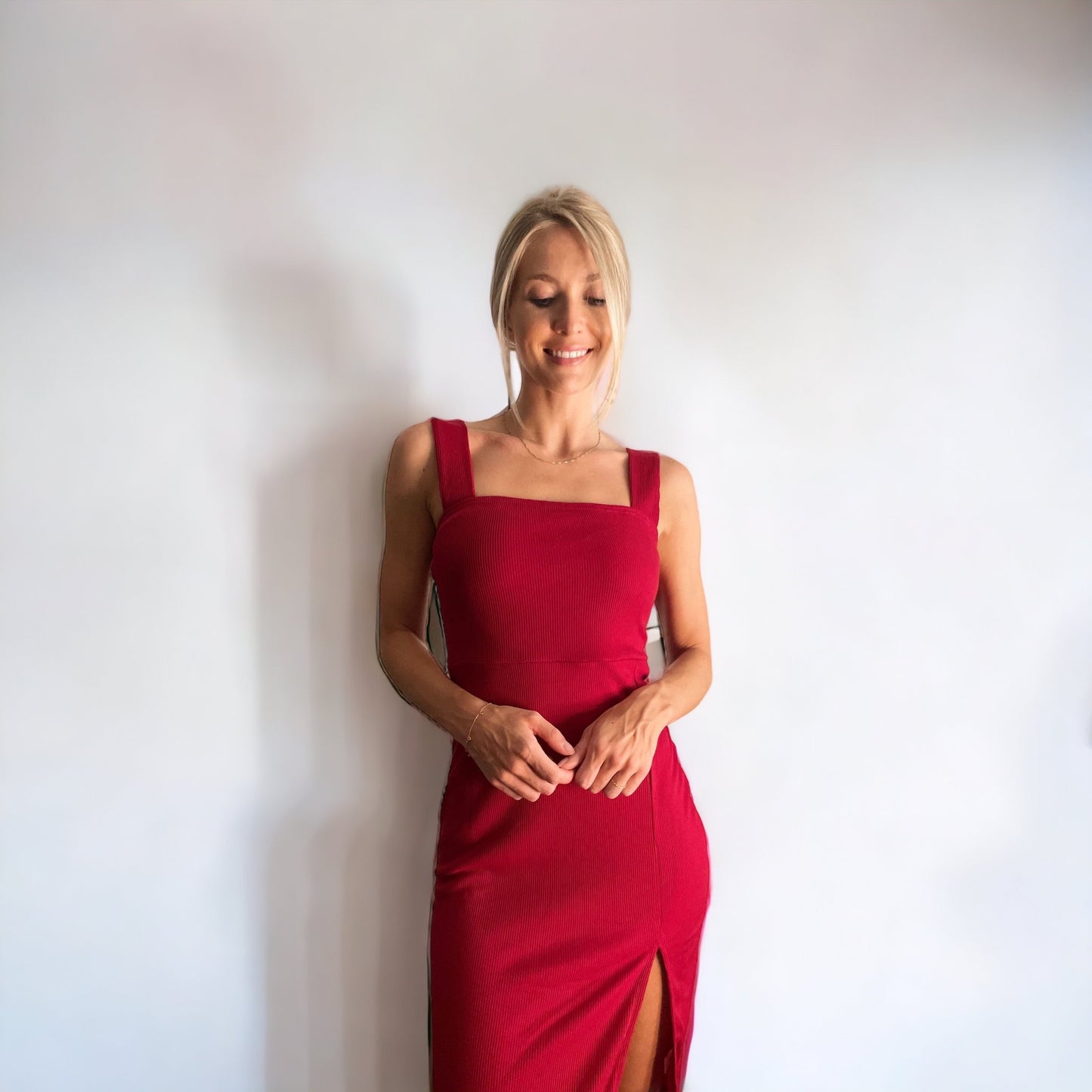 Little Red Midi Dress with thigh high split & waist detail