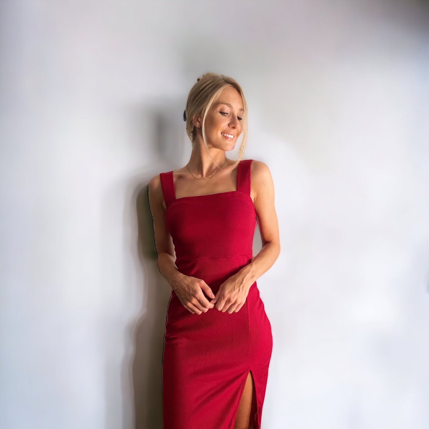 Little Red Midi Dress with thigh high split & waist detail
