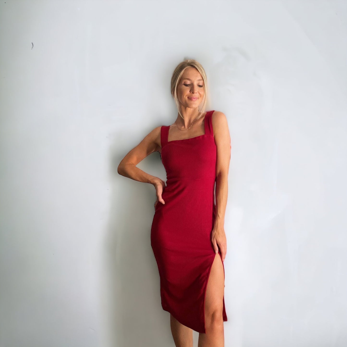 Little Red Midi Dress with thigh high split & waist detail