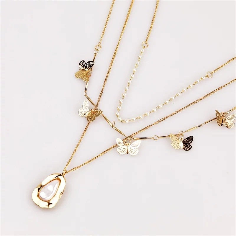 Gold Layered Butterfly, Pearl & Baroque Necklace