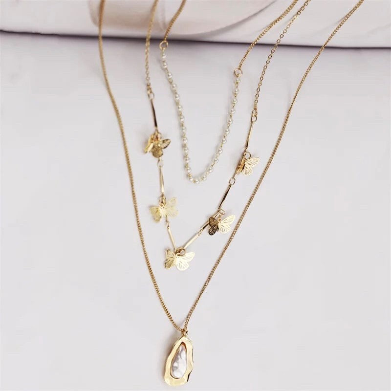 Gold Layered Butterfly, Pearl & Baroque Necklace