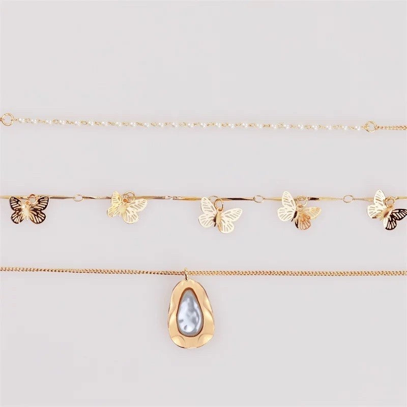 Gold Layered Butterfly, Pearl & Baroque Necklace