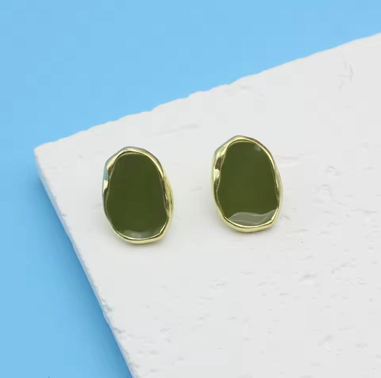 Green & Gold Geometric Bean Stud Earrings