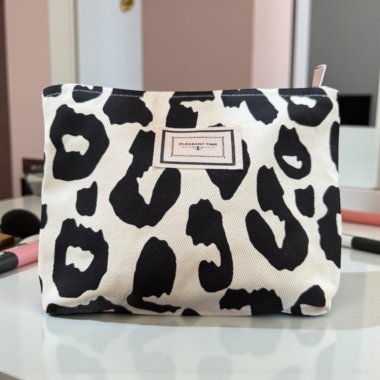 Leopard Print Cosmetic Makeup Pouch Black & Off White / Cream