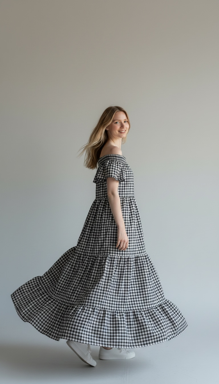 Black & White Gingham Off-The-Shoulder Tiered Midi Dress – Smocked Ruffle Sun Dress (Copy)