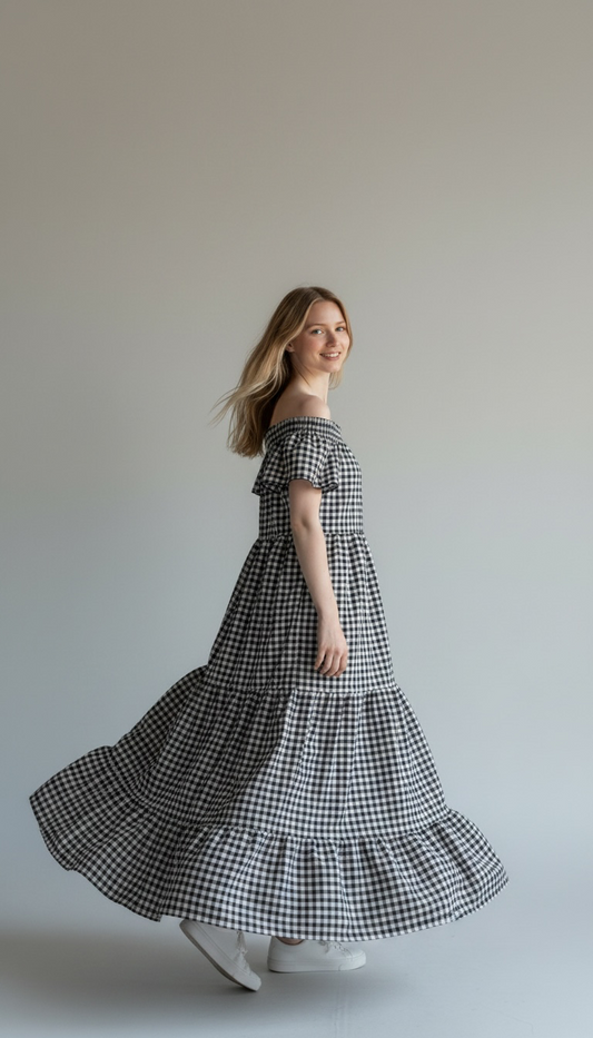 Black & White Gingham Off-The-Shoulder Tiered Midi Dress – Smocked Ruffle Sun Dress (Copy)