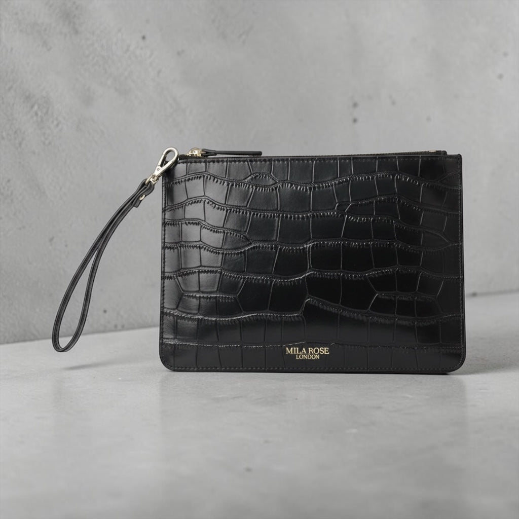 Leather Clutch Bag with Detachable Wrist Strap
