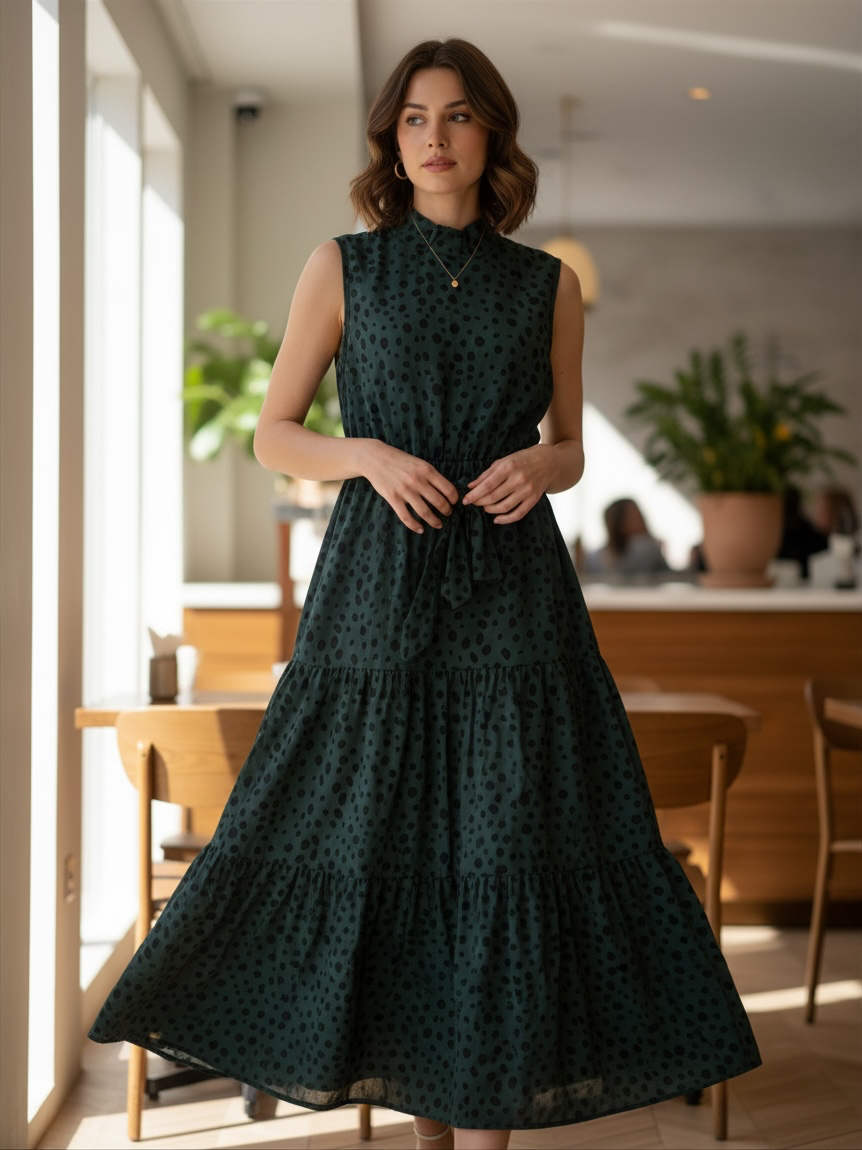 Dark Green Animal Print Mock Neck Tiered Maxi Dress