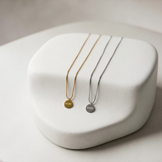 Mum Engraved Necklace in Silver & Gold with Jewellery Gift Box & Bag