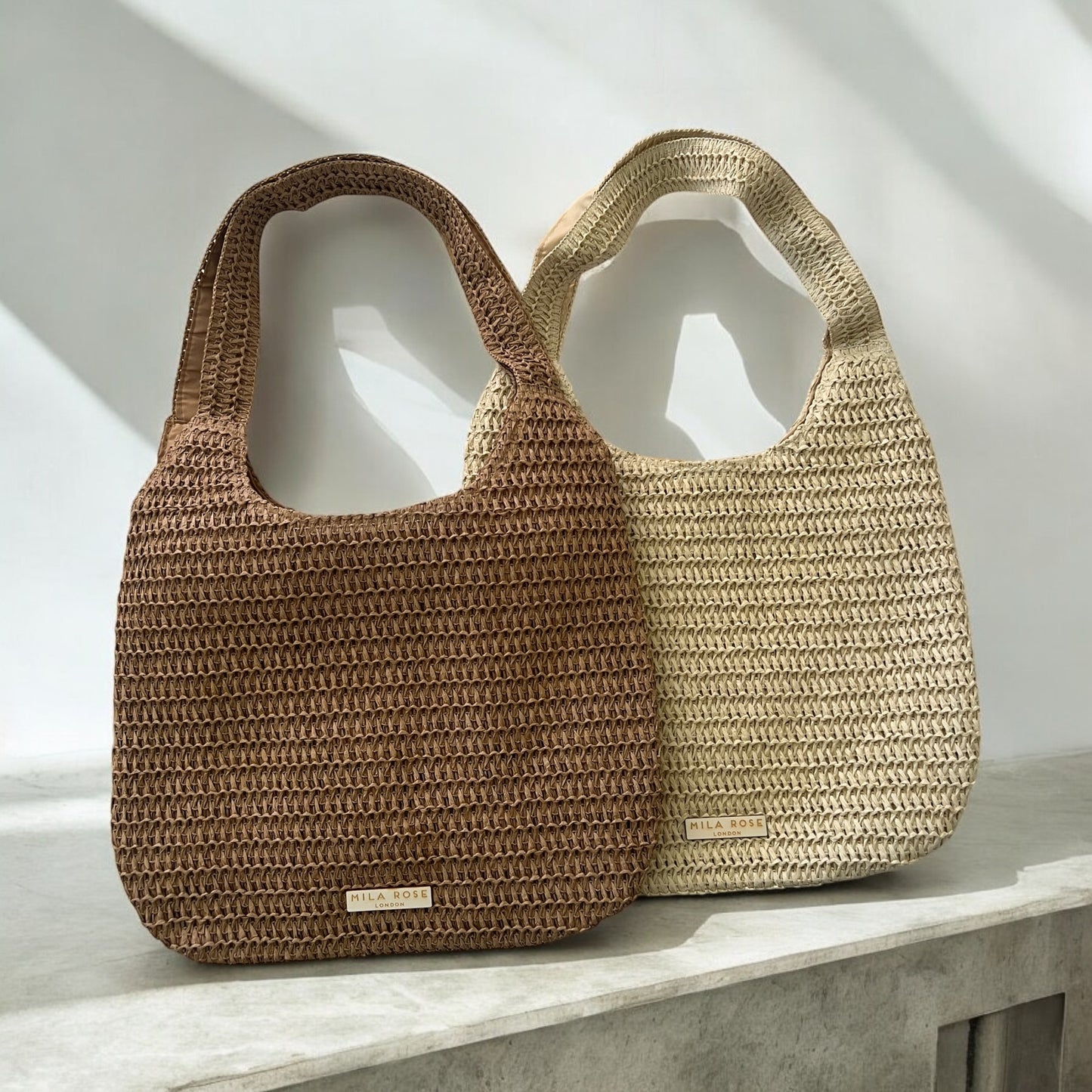Elegant Large Capacity Summer Straw Shoulder Bag in sand with Zipped Compartment by Mila Rose London