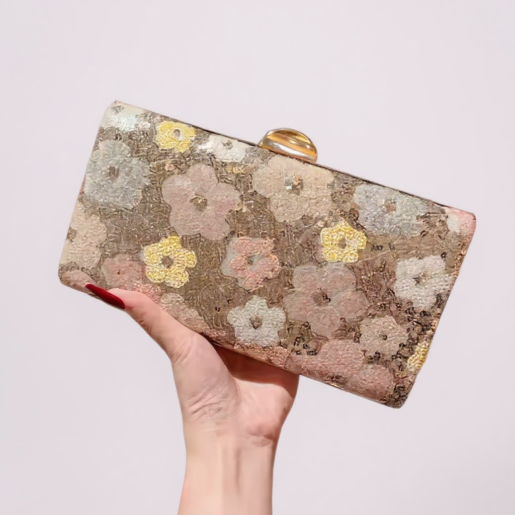 Golden Sequin Floral Evening Clutch Bag