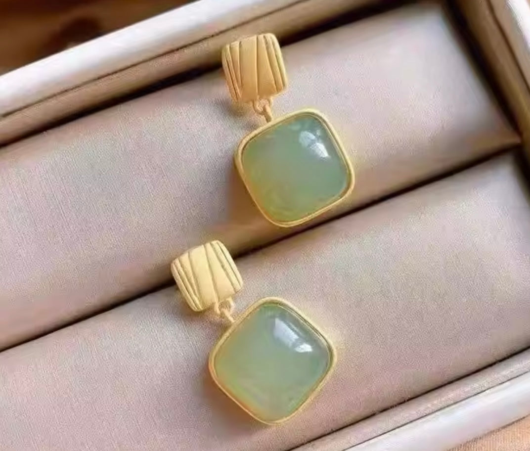 Jade Green Stone Sage & Gold Square Boho Design Drop Down Earrings