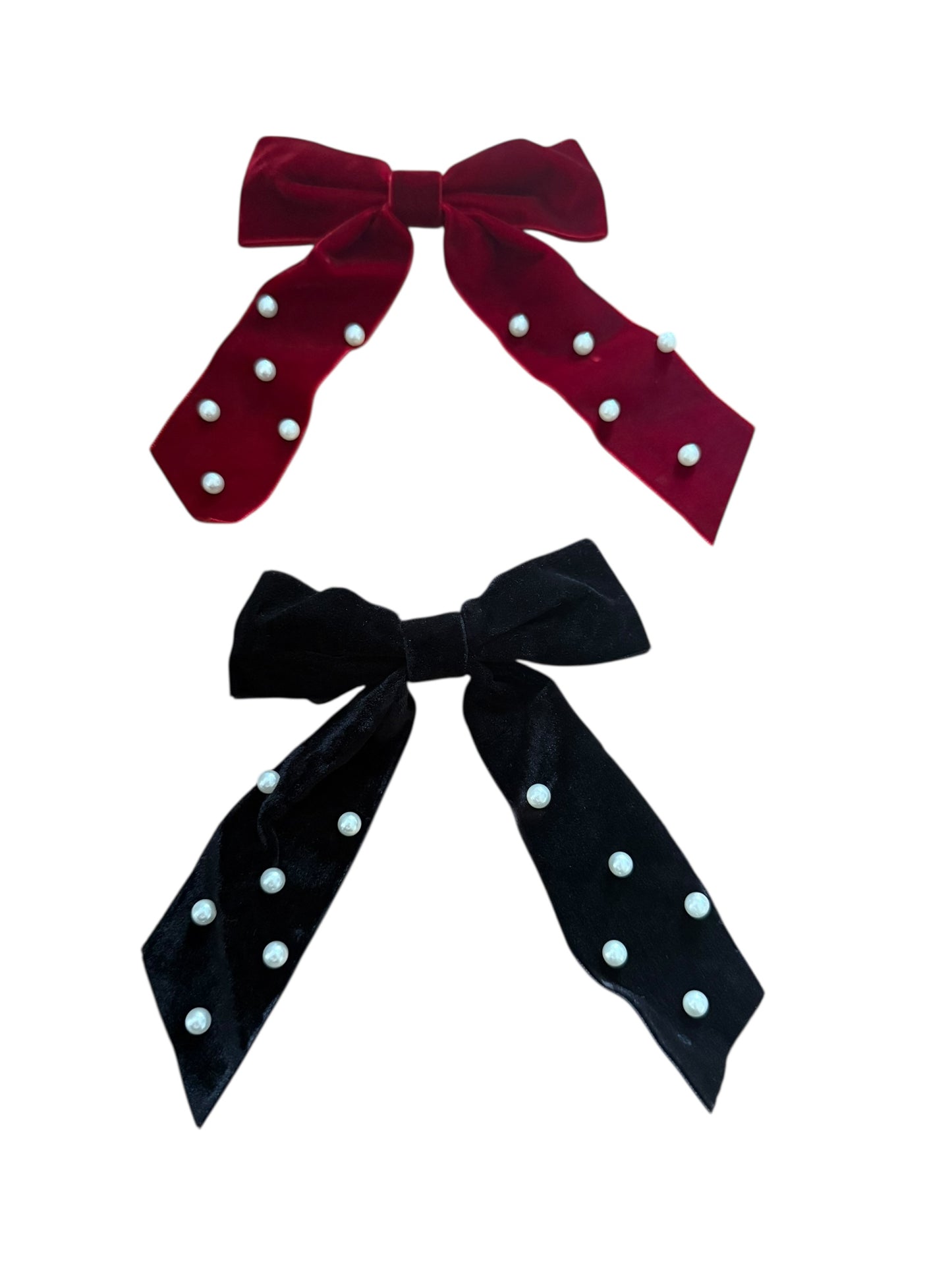 Velvet Black with Pearls Ribbon Bow Hair Clip Christmas Gifting