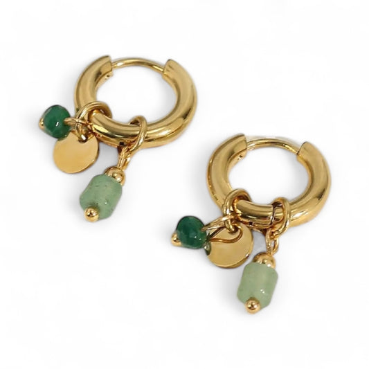 Earrings Gold Hoops with Vintage Green Natural Stone Charms