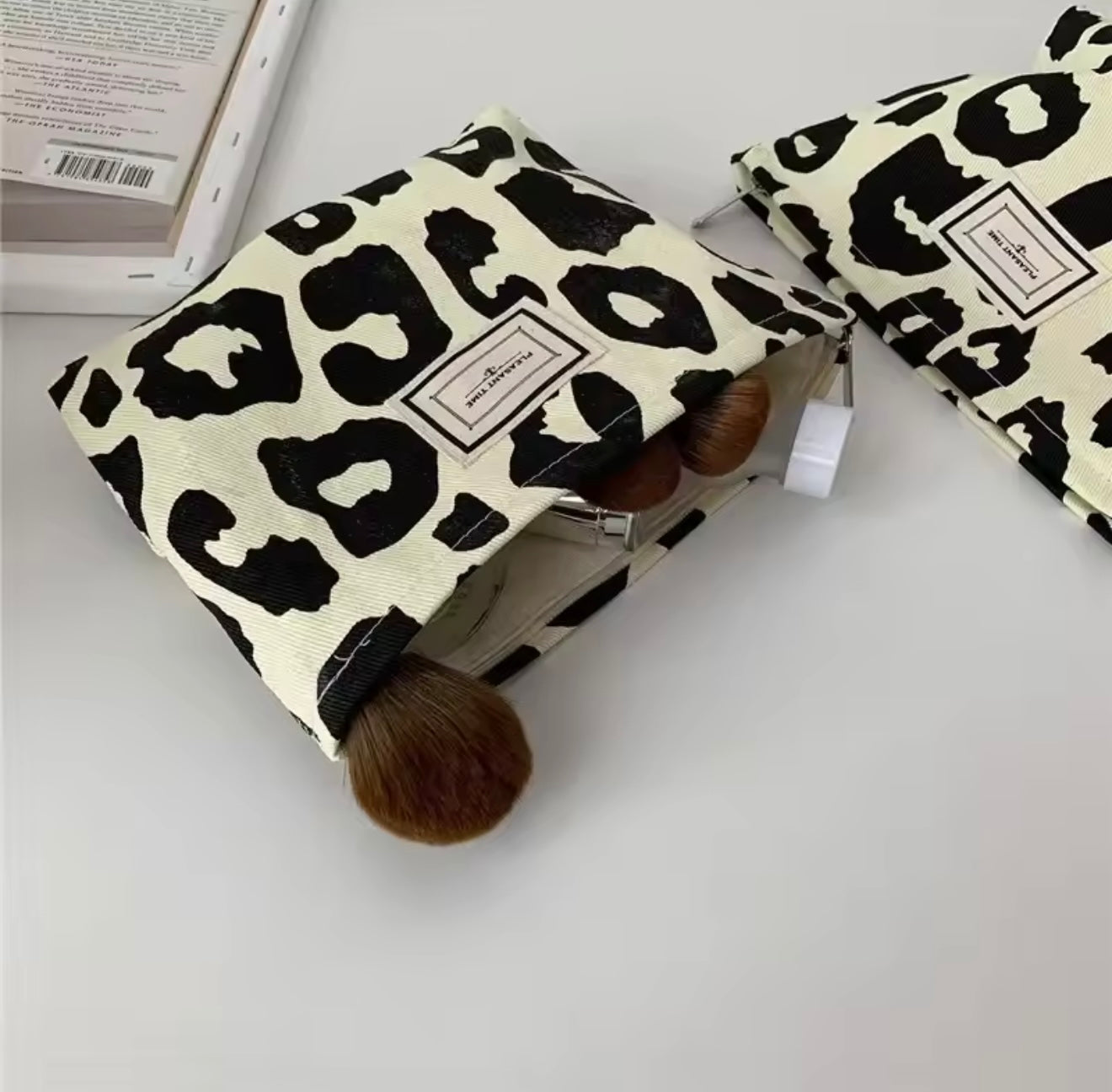 Leopard Print Cosmetic Makeup Pouch Black & Off White / Cream