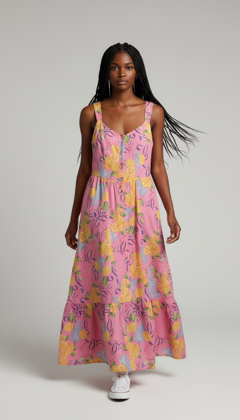 Pink Lemon Print Button-Front Tiered Midi Dress