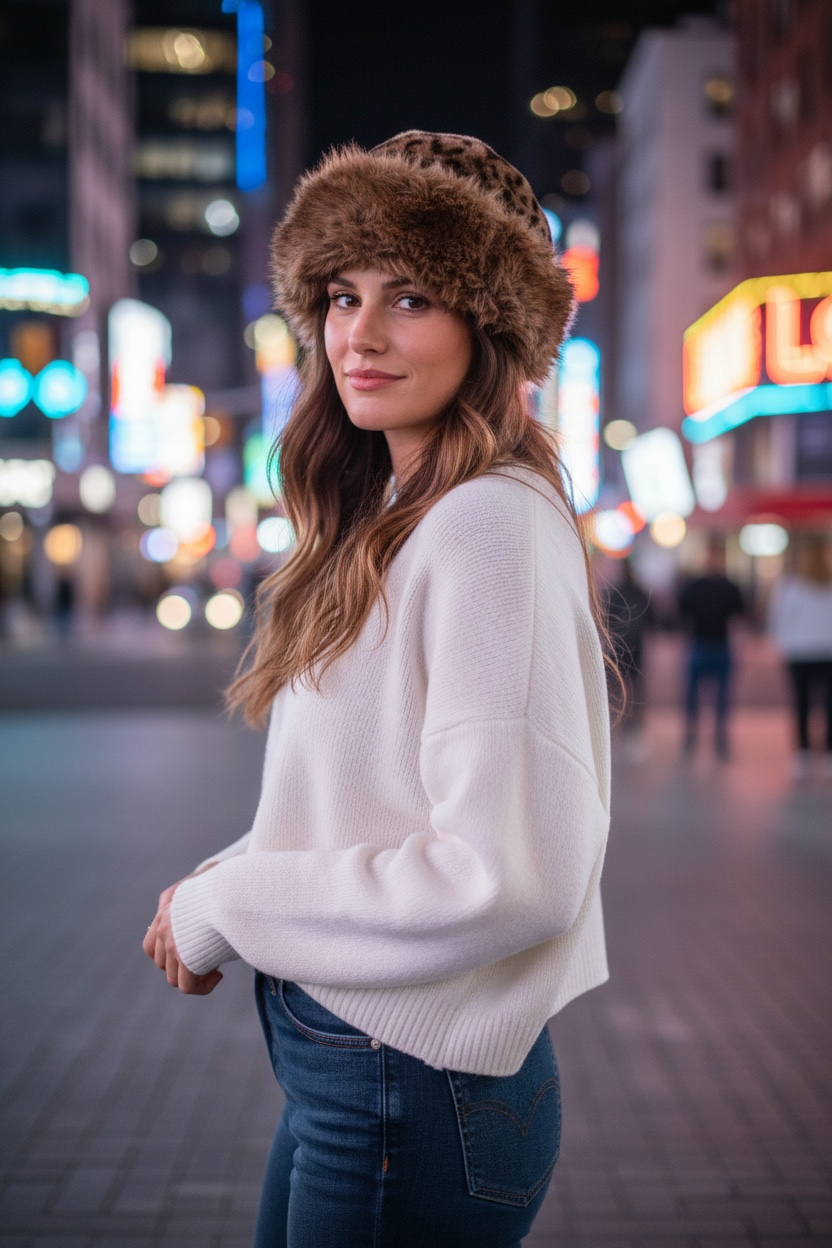 Hot Leopard Print Fur Hat in Beige