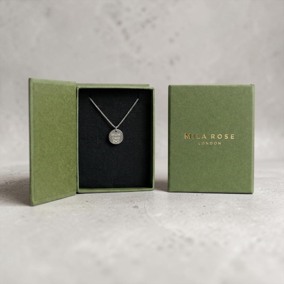 Mum & Dad Infinity Disc Pendant Necklace with Gift Box & Gift Bag in Silver or Gold