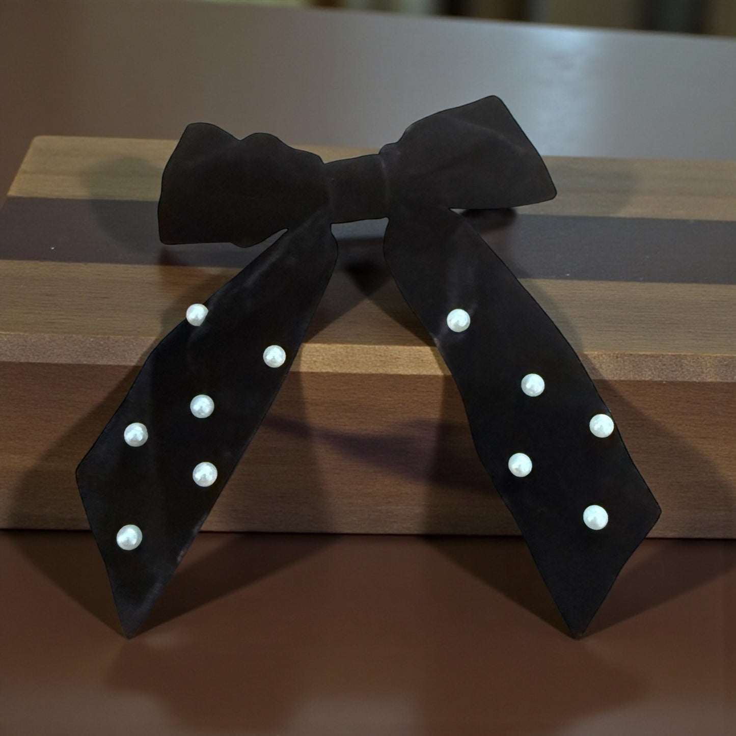 Velvet Black with Pearls Ribbon Bow Hair Clip Christmas Gifting