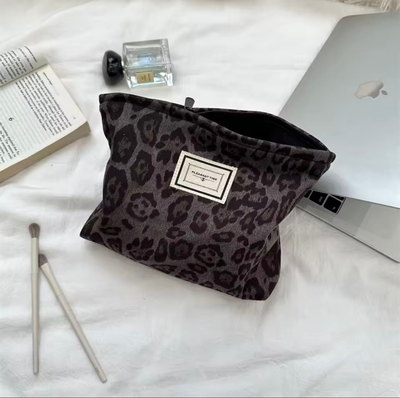 Leopard Print Cosmetic Makeup Pouch Grey