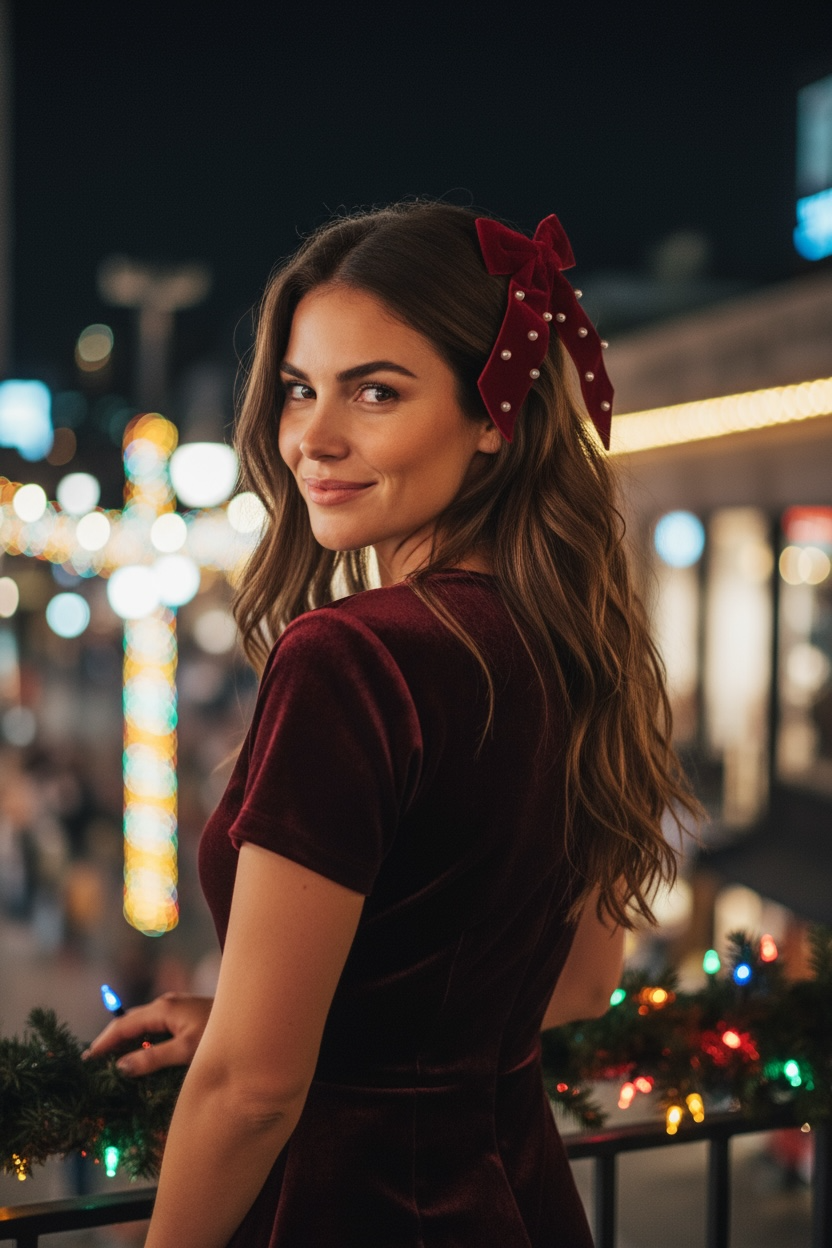 Velvet Black with Pearls Ribbon Bow Hair Clip Christmas Gifting