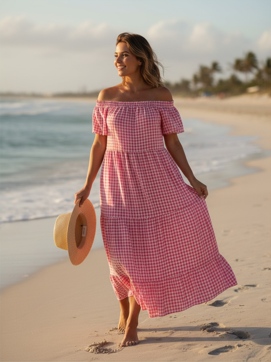 Pink Gingham Off-The-Shoulder Tiered Midi Dress – Smocked Ruffle Sun Dress