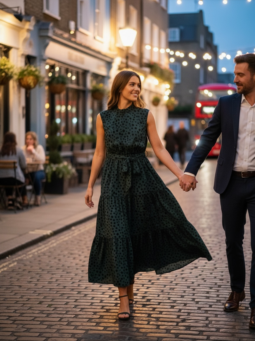 Dark Green Animal Print Mock Neck Tiered Maxi Dress